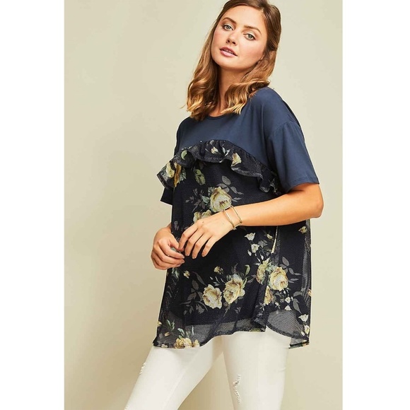 Navy Floral Mesh Ruffle Top - Picture 5 of 8